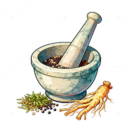 手绘草药臼与香料插画