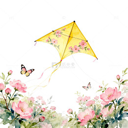 水彩风春日风筝与花丛插画