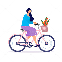 卡通女性骑行自行车插画