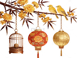 中式红底花鸟灯笼图44