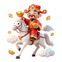传统中国风财神骑白马送元宝