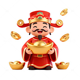 卡通财神爷金元宝喜庆插画