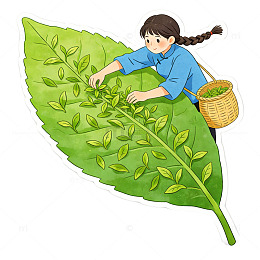 插画风格采茶女采摘茶叶设计素材