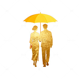 金色剪影情侣雨伞艺术插画