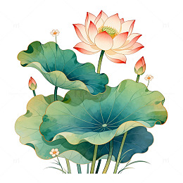 工笔画风格荷花荷叶插画设计素材