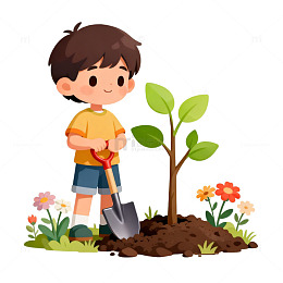 卡通男孩植树插画
