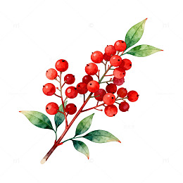 水彩红果枝叶插画