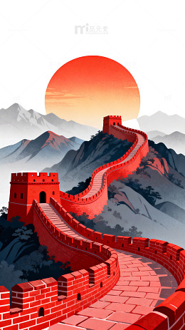 夕阳长城山水画艺术插画