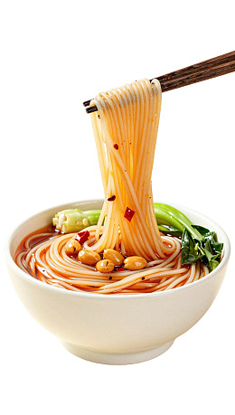 筷子夹起一碗热气腾腾的面条