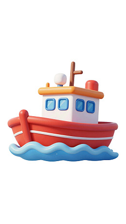 卡通风格红色渔船漂浮水面