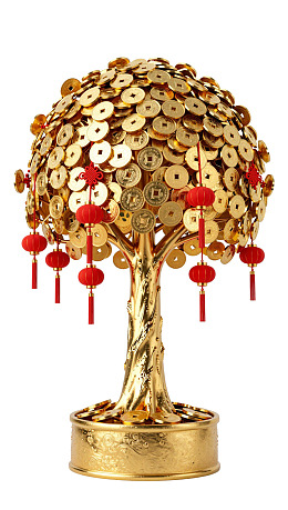 金色钱币树挂红灯笼摆件
