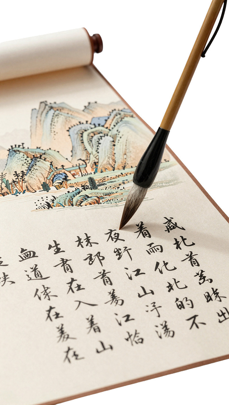 毛笔书写山水画旁的书法