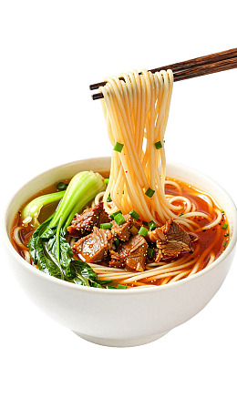 筷子夹起一碗牛肉面图片