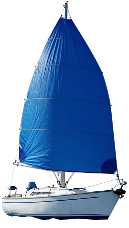 蓝色帆船航行于水面之上