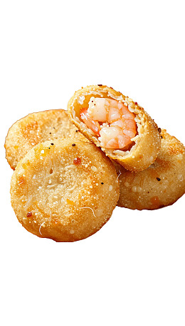 金黄色炸虾饼堆叠展示