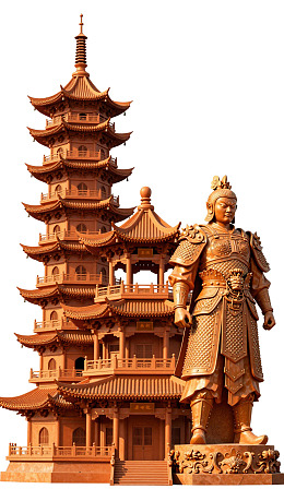 古代武士雕像与多层宝塔