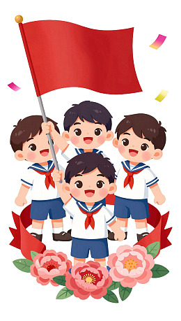 四个男孩举红旗庆祝节日