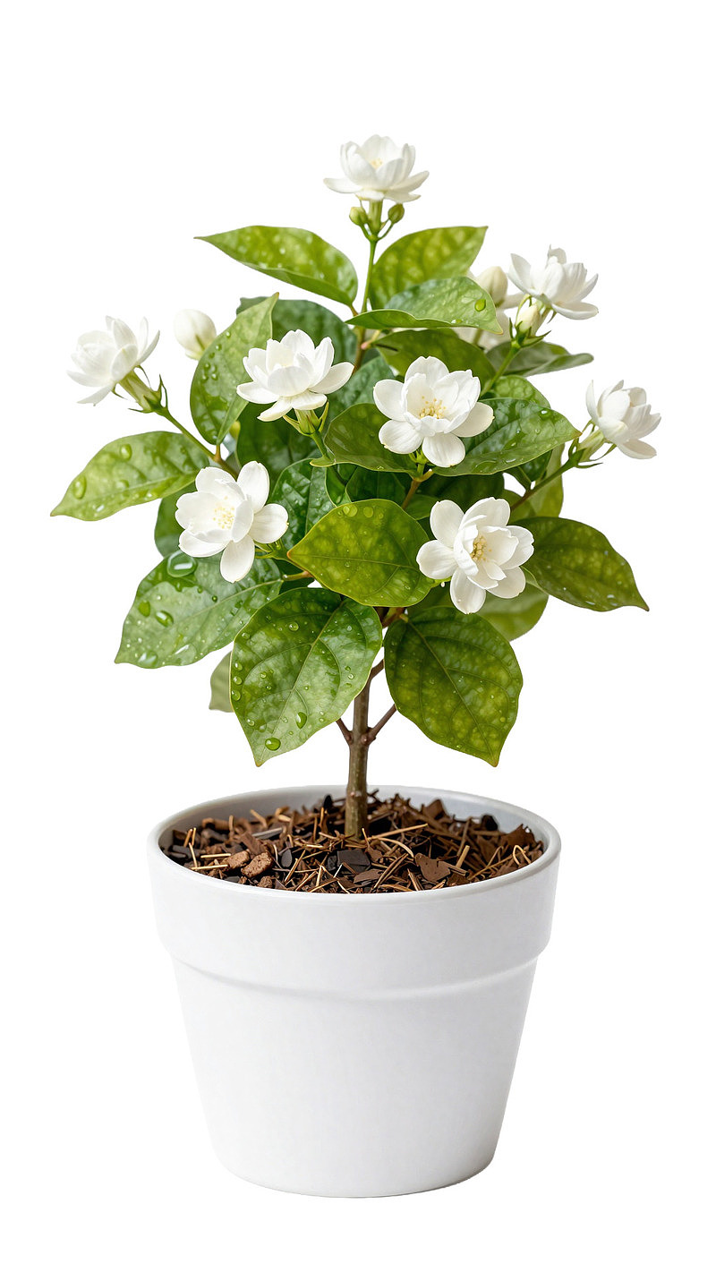 白色花盆中的茉莉花植物