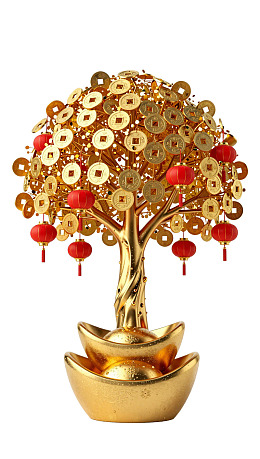 金色招财树摆件配红灯笼