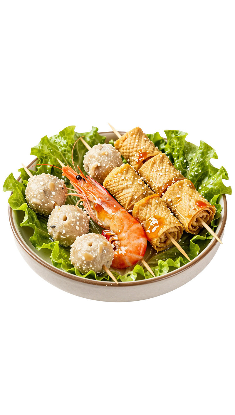 蔬菜沙拉配串烧虾丸豆腐