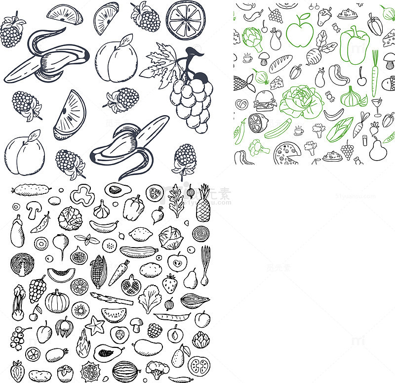 美味瓜果蔬菜绘画线条免扣图元素