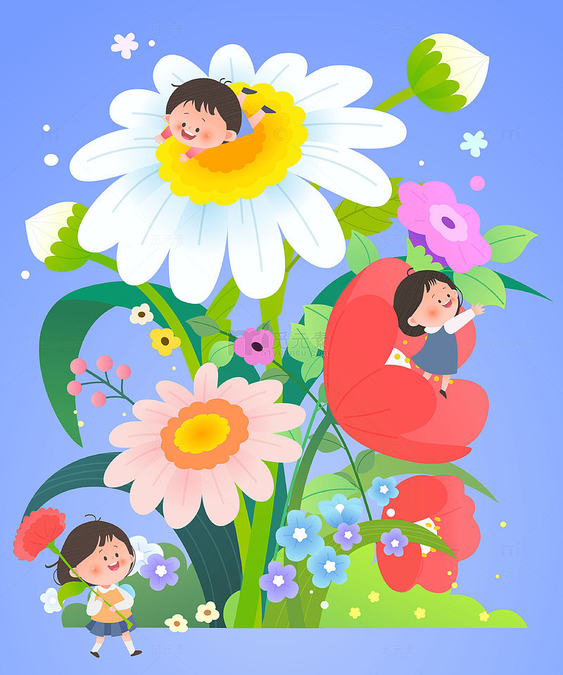小雏菊孩子走进大自然观察花草树木儿童插画