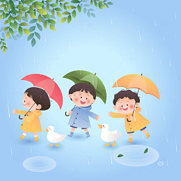 雨季雨伞雨衣玩耍孩子观察大自然儿童插画