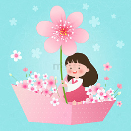 粉色花朵花丛小纸船孩子观察大自然儿童插画