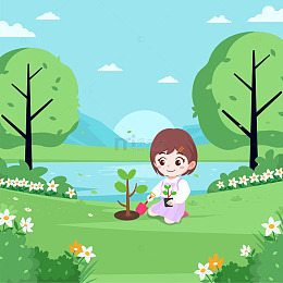 卡通可爱女孩春天在公园种树
