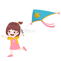 卡通可爱女孩在春天放风筝免抠图
