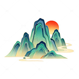 古风山水画日落矢量图