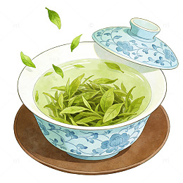 水彩绿茶冲泡插画