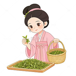 汉服女子采茶卡通插画