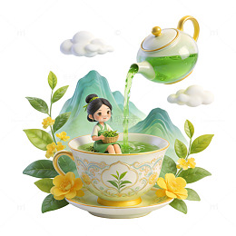 卡通茶杯山水花茶插画