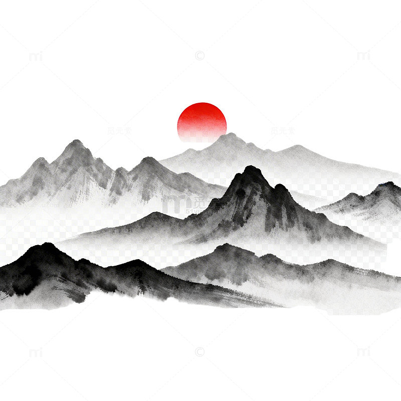 水墨山水画日出山峰艺术图片
