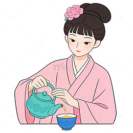 粉色和服女性倒茶插画