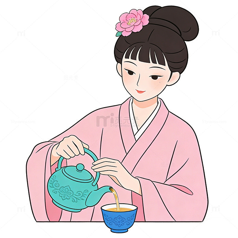 粉色和服女性倒茶插画