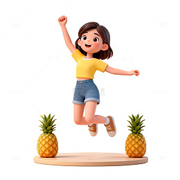 卡通女孩菠萝跳跃设计元素