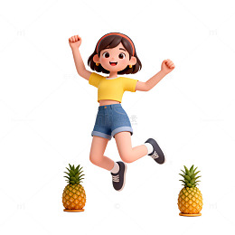 卡通风格女孩跳跃菠萝图