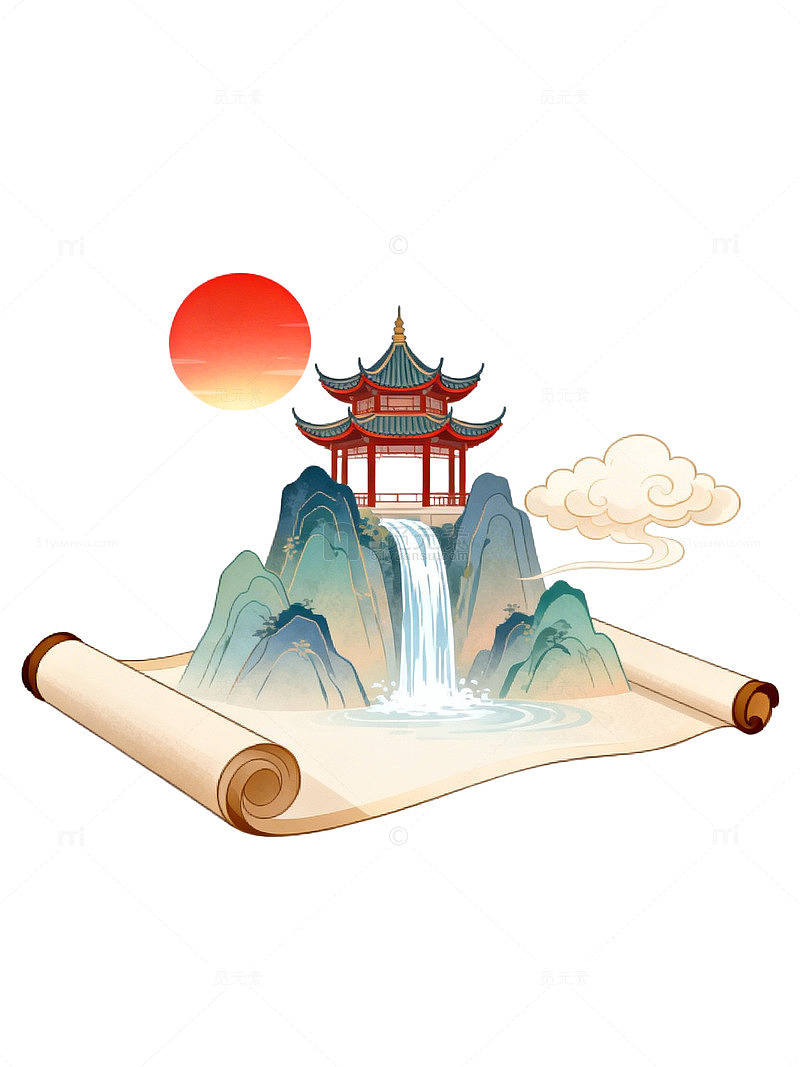 山水亭阁卷轴画