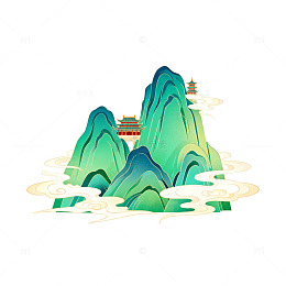 青绿山水画古风建筑矢量图案