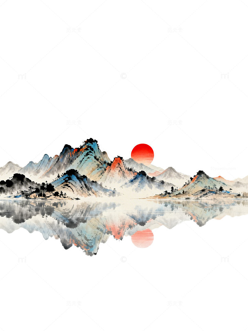 水墨山水画日落风光