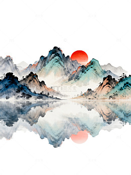 水墨山水国画日落风景矢量图