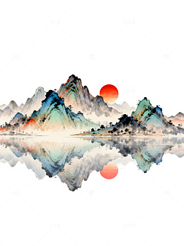 水墨山水画日落风景艺术素材