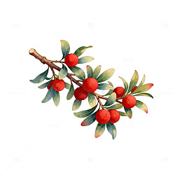 水彩红果枝叶装饰画