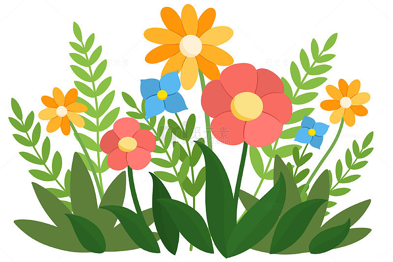扁平风彩色花卉草丛装饰插画