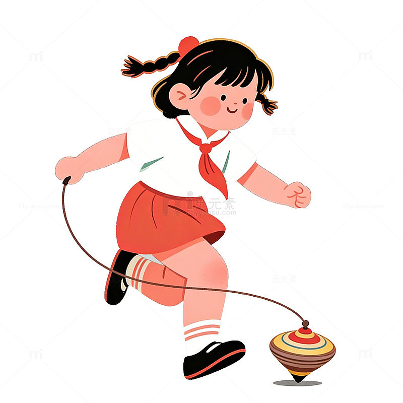 卡通女孩抽陀螺插画