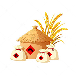 卡通稻草屋丰收场景设计素材