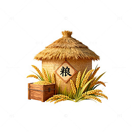 茅草屋稻谷农村插画素材