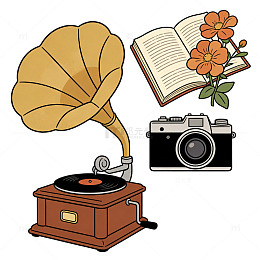复古 元素 相机 唱片机 书